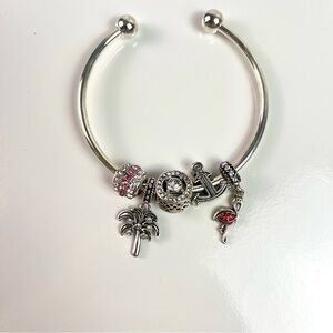 Silver Toned Slide Charm Bracelet Palm Tree Flamingo Anchor Slider Charms
